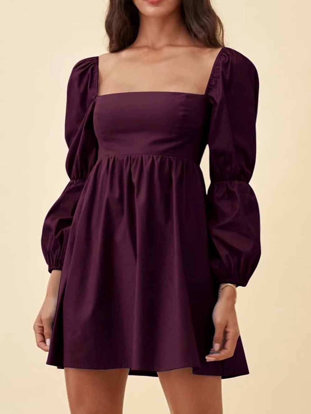 Square Neck Puff Sleeve Mini Dress - Plum